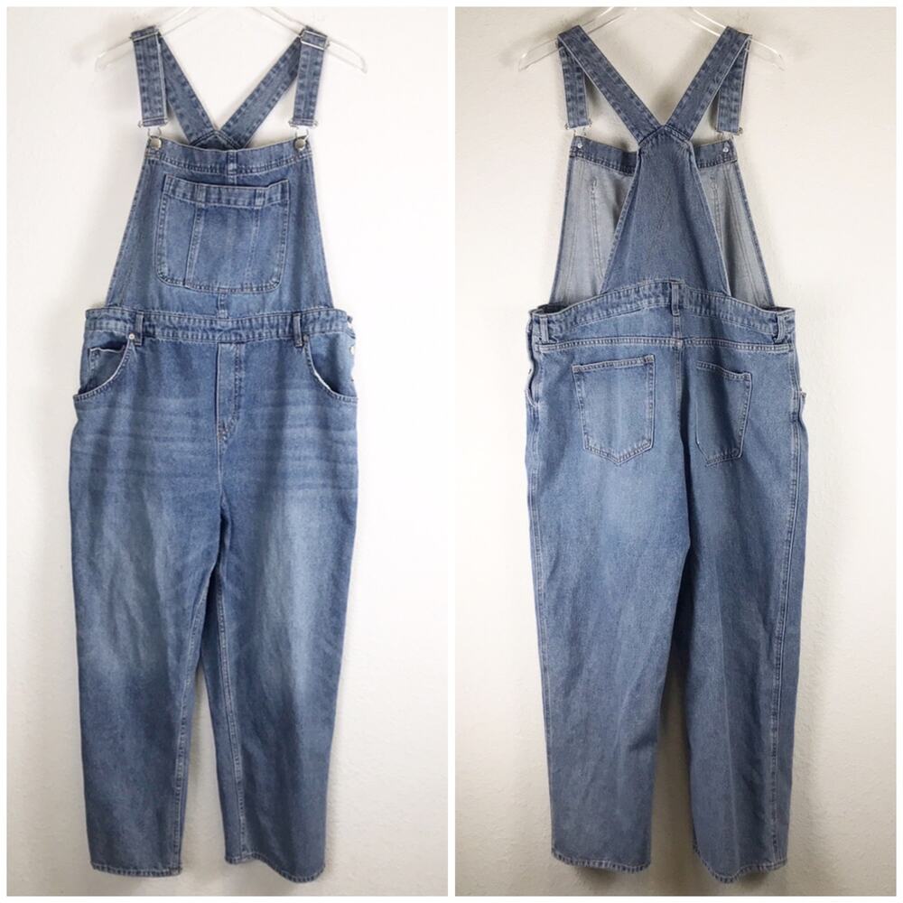 H&M Women's Denim Jean Bib Overalls 100% Cotton Tapered Straight Leg Size XL